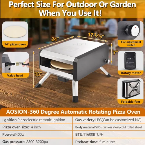 Miniatura 5 de AOSION Horno de pizza al aire libre, horno de pizza giratorio multicombustible de 14 pulgadas, horno portátil de pizza de gas de pellets de acero