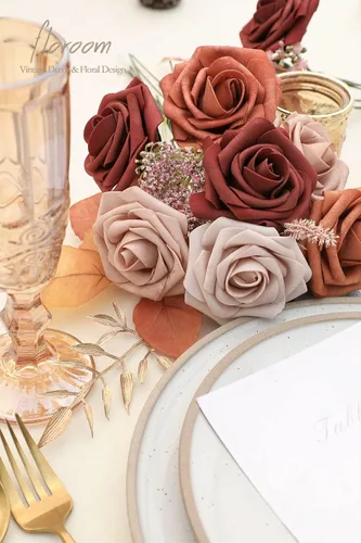 Miniatura 3 de Floroom Flores artificiales, 25 piezas de rosas falsas de espuma de color terracota de aspecto real con tallos para ramos de boda, despedidas