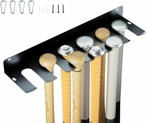 Estante para murciélagos: soporte para bates de béisbol y sóftbol montado en la pared, almacenamiento de metal resistente para 10 murciélagos