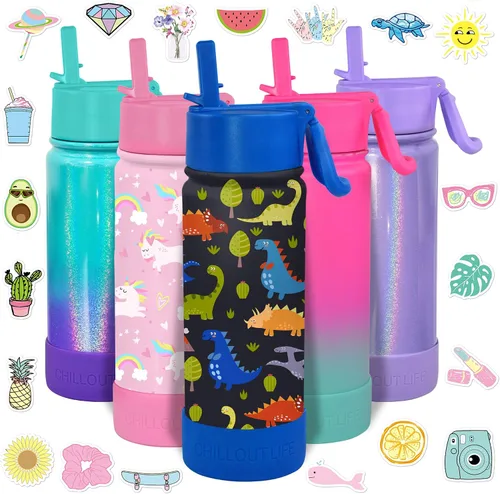 Miniatura 24 de CHILLOUT LIFE - Botella de agua aislada de 17 onzas con tapa con pajilla para niños, a prueba de fugas y bonitas calcomanías impermeables, termo