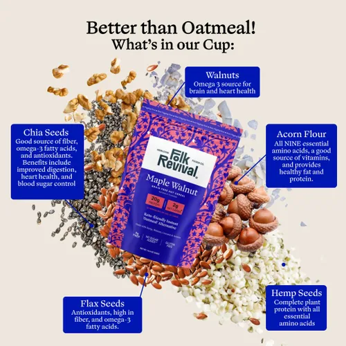 Miniatura 6 de Folk Revival Maple Walnut Keto Instant 'Oatmeal' - 0.71 oz de proteína, 0.71 oz de carbohidratos netos, alto en fibra, sin OMG, sin gluten, hecho