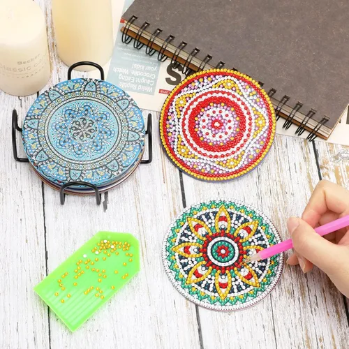 Miniatura 7 de UPINS 8 piezas de kits de pintura de arte de diamante con mandala, posavasos de arte de diamante con soporte, kits de arte de diamante Mandala azul