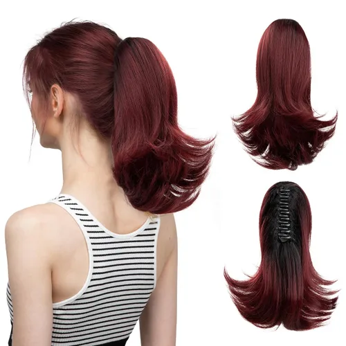 Miniatura 7 de CJL HAIR - Extensión de cola de caballo con clip de garra corto, cordón elástico, cabello rizado falso, balayage, pieza de cabello sintético, fibra