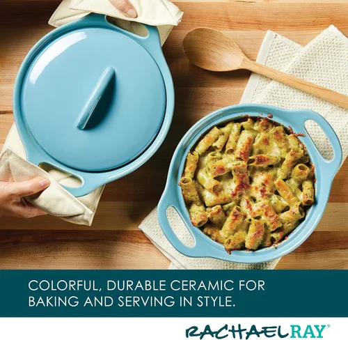 Miniatura 3 de Rachael Ray Solid Glaze Ceramics - Juego de utensilios para hornear/panadería con tapa compartida, 3 piezas, azul agave