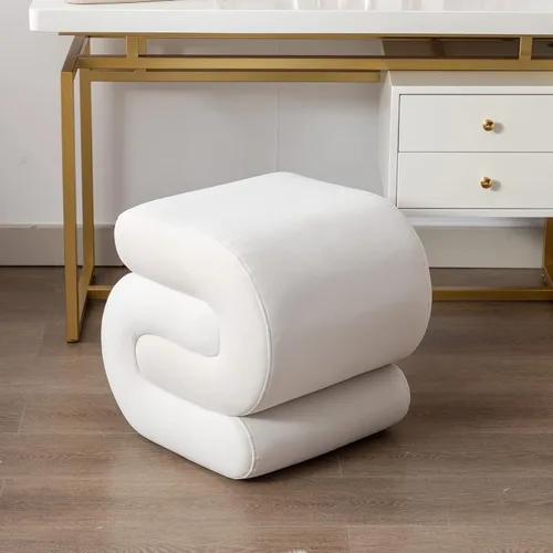 Miniatura 10 de Taburete otomano de maquillaje moderno en forma de S de tela de peluche, reposapiés debajo del escritorio, asiento adicional tapizado para sala