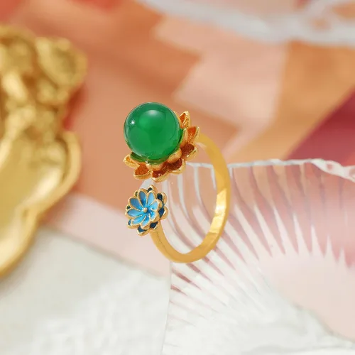 Miniatura 6 de Anillos de jade de loto chino para mujer, anillo étnico ajustable de apertura, Esmalte, No