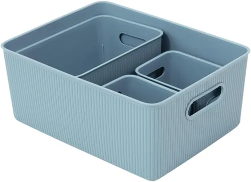 Miniatura 5 de Superio Ribbed Collection – Cesta decorativa de plástico abierta para el hogar, color azul (juego de 4) 1 grande, 1 mediano, 2 pequeñas – cajas