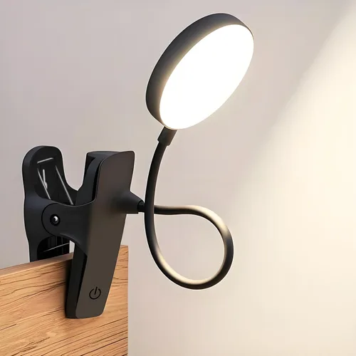 Luz de clip esencial para dormitorio, luz de escritorio portátil de 3 colores, mini lámpara de escritorio, funciona con pilas, con abrazadera, luces