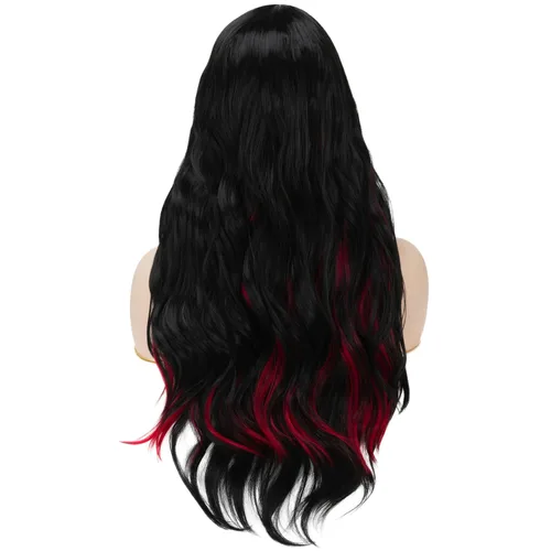 Miniatura 4 de Peluca larga ondulada negra y roja para mujer, color rojo y negro, degradado, sintética, resistente al calor, para disfraz de cosplay