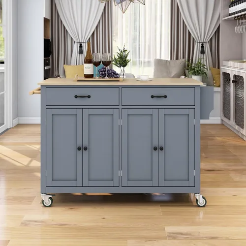 Miniatura 9 de Merax Carrito móvil de isla de cocina con tapa de madera y ruedas de bloqueo, armarios de 4 puertas y 2 cajones, estante para especias y toallas