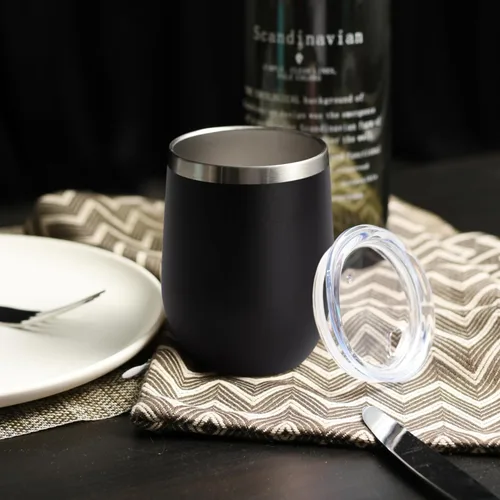 Miniatura 5 de DOMICARE - Juego de 16 vasos de vino de 12 onzas con tapa, hechos de acero inoxidable con aislamiento al vacío de doble pared, color negro