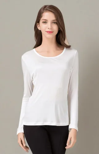 Miniatura 4 de CLC - Camiseta de seda de morera para mujer, manga larga, cuello redondo, tejido de punto