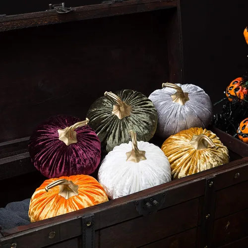 Miniatura 2 de Ogrmar Juego de 6 calabazas de terciopelo hechas a mano, calabaza rellena súper suave con exquisita artesanía para decoración de otoño, Halloween