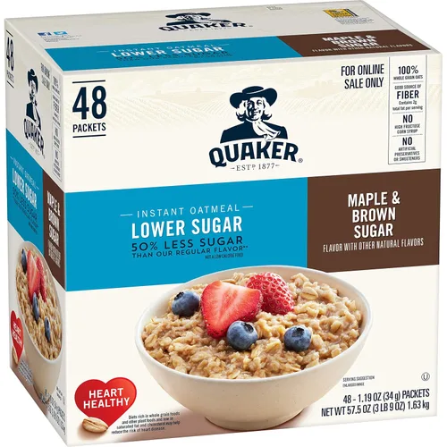 Quaker Avena instantánea, arce inferior en azúcar y azúcar morena, paquetes individuales, 1.19 onzas (paquete de 48)