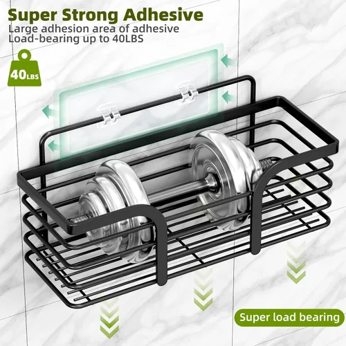 Miniatura 6 de Yougai Organizador de ducha con soporte para jabón y ganchos, estantes de ducha inoxidables, organizadores de baño sin perforaciones y Negro