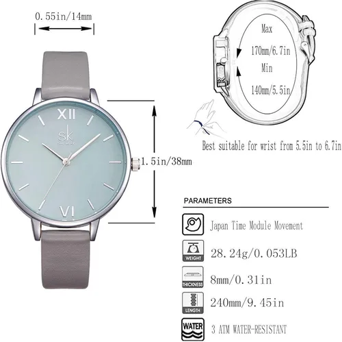 Miniatura 4 de SK - Reloj de pulsera para mujer, correa de piel, de cuarzo, reloj de lujo japonés de cuarzo.