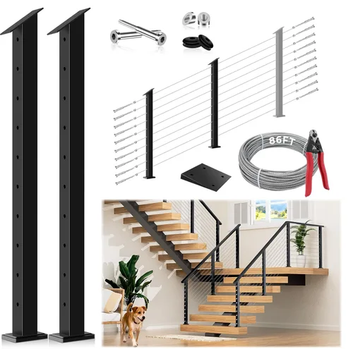Miniatura 15 de Poste de escalera con barandilla de cable negro de 36 pulgadas con parte superior fija inclinada, poste de riel de alambre de acero inoxidable T304