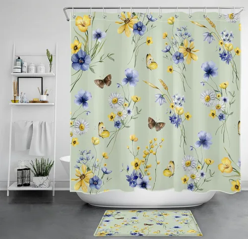 Miniatura 9 de EOBTAIN Cortina de ducha floral de acuarela para baño, margaritas y mariposas sobre tela beige con 10 ganchos, juego de cortinas de baño rústicas