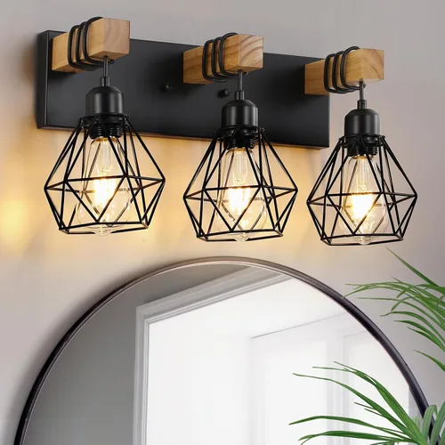Miniatura 9 de Lámpara de tocador estilo casa de campo para baño, luminarias de tocador de baño de 2 luces negra dorada de madera sobre espejo, apliques rústicos