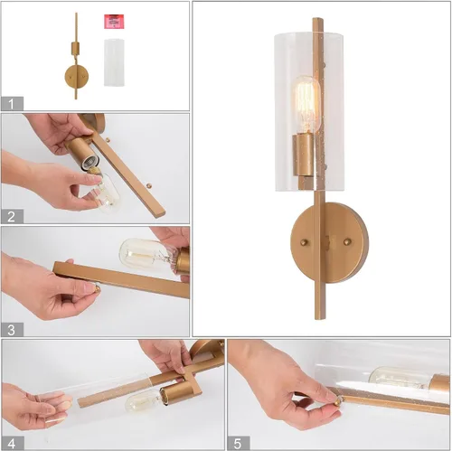Miniatura 8 de KSANA Lámpara de pared de 1 luz, moderna lámpara dorada montada en la pared, iluminación de baño de vidrio sembrado para dormitorio, pasillo