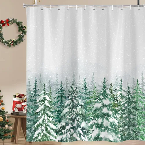 Miniatura 13 de Cortinas de Ducha de Navidad para Baño, Azul Lindo Muñeco de Nieve Árbol de Navidad Invierno Paisaje Natural Juego de Cortinas de Ducha, Tela
