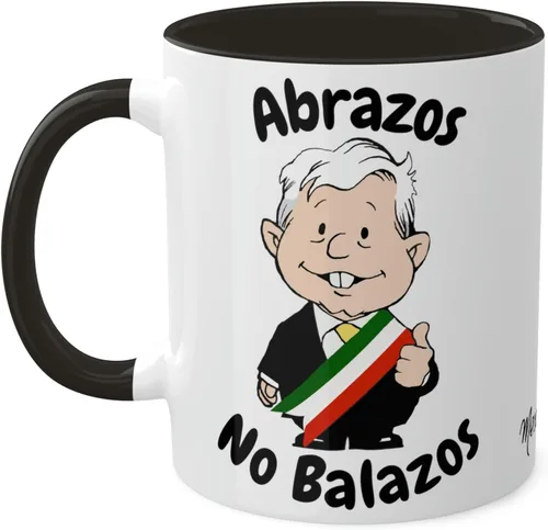 Miniatura 2 de MEXICANDOO AMLO - Taza de café Abrazos No Balazos con diseño de dibujos animados divertidos Muñeco AMLITO, taza de cerámica blanca brillante