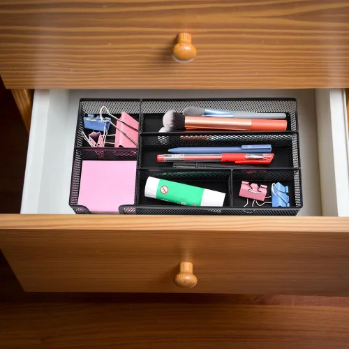 Miniatura 6 de Organizador de cajones de escritorio, bandeja organizadora de cajones de malla metálica para oficina con 6 compartimentos, organizador de bolígrafos