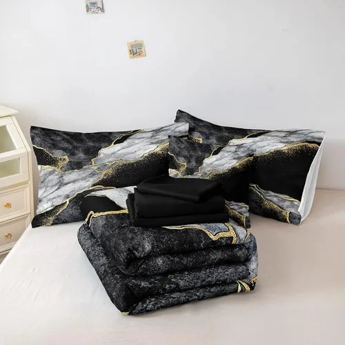 Miniatura 4 de Merryword - Juego de edredón de mármol negro, tamaño individual, 6 piezas, ropa de cama en una bolsa, diseño de mármol metálico dorado con 1