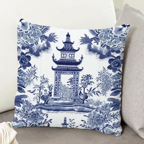 Miniatura 5 de ArogGeld Chinoiserie - Funda de cojín con diseño de pagoda asiática azul índigo, diseño cuadrado de flores y pagoda asiática, para oficina, silla