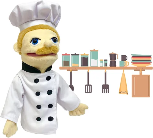 Miniatura 5 de Marionetas de 40,6 cm de títere entriloquista, marionetas de mano para niños, marionetas de chef de peluche para adultos con boca extraíble