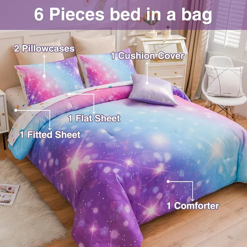 Miniatura 3 de A Nice Night Juego de ropa de cama de 6 piezas con gradiente de purpurina para niñas de tamaño completo, juego de edredón de arcoíris y galaxia