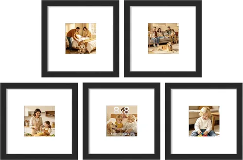 upsimples 8x8 Picture Frame Set of 5, Display Pictures 4x4 with Mat or 8x8 Without, Wall Gallery Poster Frames, Black