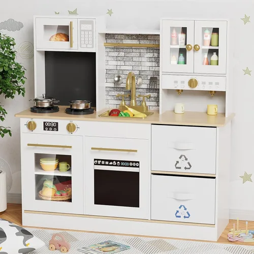 Miniatura 10 de MAMIZO Cocina de juego para niños, cocina de juguete de simulación de madera, juego de cocina Toodler, estufa con luz y sonido, fregadero, Blanco