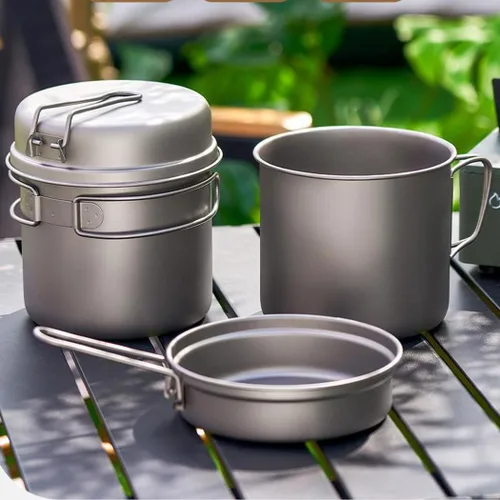 Miniatura 2 de BY-J Utensilios de cocina de titanio para camping, 37.2 fl oz y 11.8 fl oz, olla de titanio con tapa y espátula de acero inoxidable, olla de camping