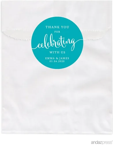 Miniatura 2 de Andaz Press Bolsas de regalo personalizadas para mesa de postre, agradecimiento por celebrar con nosotros, aguamarina, paquete de 24, personalizadas