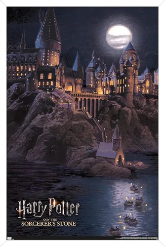 Miniatura 12 de Harry Potter y la piedra del hechicero - Póster de Hogwarts en la noche, 34 pulgadas de largo x 22.4 pulgadas de ancho, versión enmarcada en negro