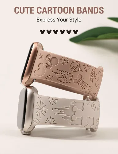 Miniatura 2 de 2 paquetes de correas grabadas con dibujos animados compatibles con Apple Watch de 38/40/41/42/44/45/46/49 mm, correa de silicona suave y linda