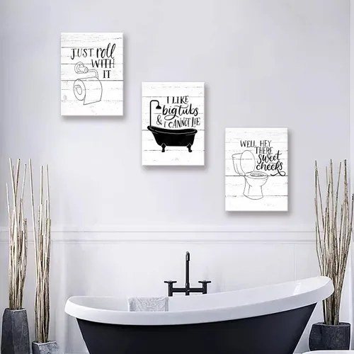 Miniatura 7 de Arte Gracioso de Baño en Lona para Pared en Blanco y Negro Juego de Inodoro y Tina Cartel Impreso en 3 Piezas Pintura de Citas de Baño Estilo Retro