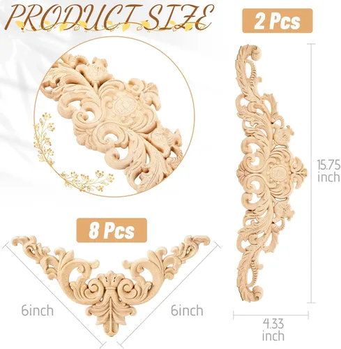 Miniatura 2 de Yalikop 10 piezas de apliques de madera y apliques de madera para muebles, incrustaciones decorativas de madera tallada para puerta de cama, Delicado