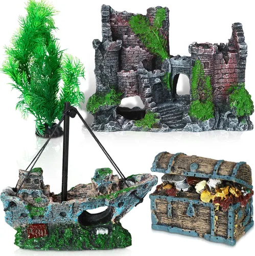 Wenqik Decoraciones de Acuario Grandes, Naufragio Hundido de Resina, Cofre del Tesoro Submarino, Ruinas de Castillo Antiguo Túnel Casa, Plantas de
