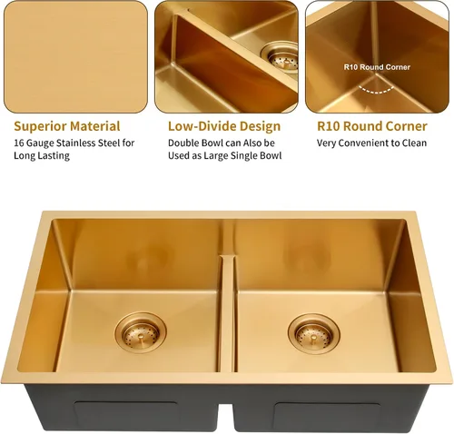 Miniatura 7 de Fregadero de Cocina Dorado Bajo Encimera 32 X 18 Pulgadas, Fregaderos de Cocina de Doble Tazón, Fregadero Bajo Encimera de Acero Inoxidable Calibre