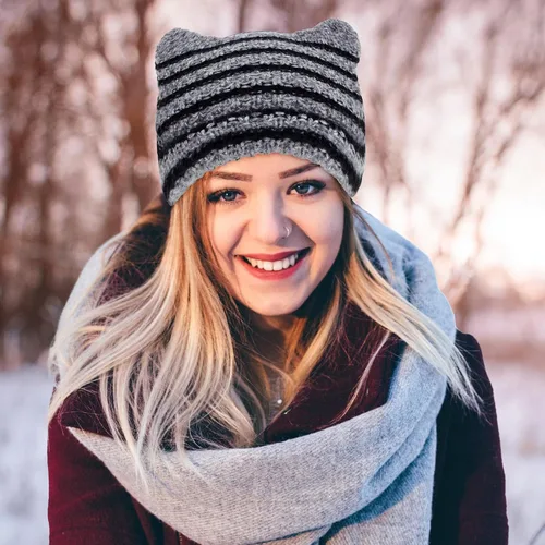 Miniatura 4 de Century Star Gorros de ganchillo para mujer, gorro de gato, gorro de invierno cálido de punto a rayas, accesorios de gorra Y2K, gorros holgados