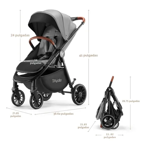 Miniatura 5 de Tinyiota Cochecito para bebés, cochecitos para niños pequeños con toldo grande UPF 50+, cochecito de bebé de lujo con mango de cuero y asiento Gris