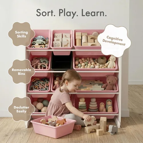Miniatura 6 de Humble Crew Organizador de almacenamiento de juguetes para niños con 12 cubos de plástico, blanco/rosa, contenedores extraíbles para sala