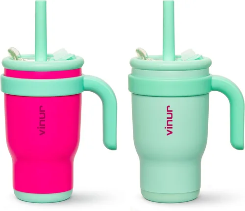 Miniatura 36 de VINUR Vaso para niños con asa - 14 oz de acero inoxidable con aislamiento al vacío de doble pared con tapa y pajita, vaso de agua de viaje