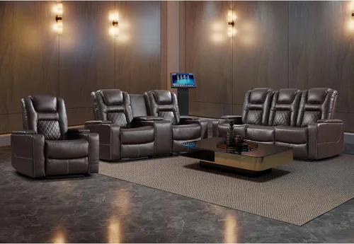 Miniatura 16 de EBELLO Asientos de cine en casa, silla reclinable de imitación de cuero para películas con almacenamiento oculto en los brazos, sofá reclinable