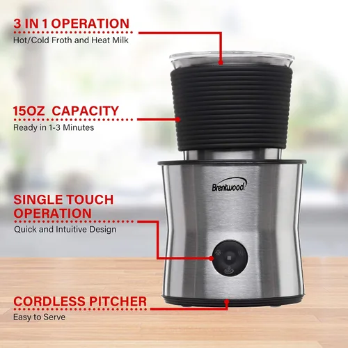 Miniatura 6 de Brentwood GA-402S Espumador de leche eléctrico inalámbrico, calentador y máquina de chocolate caliente, capacidad de 10.1 fl oz, acero inoxidable