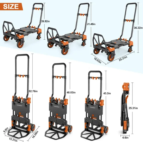 Miniatura 2 de Carro de mano plegable 2 en 1, carrito de mano plegable de 330 libras, carrito de mano plegable con mango retráctil y 4 ruedas de goma, carrito