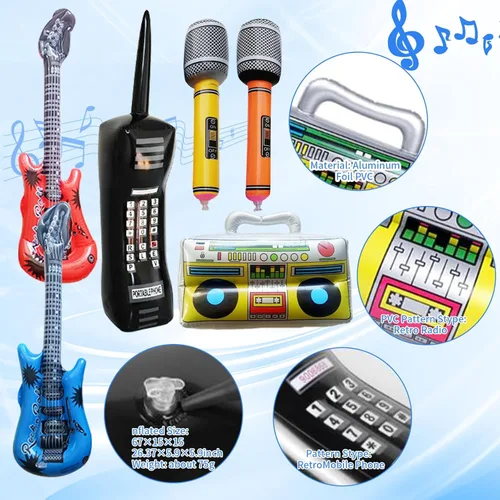 Miniatura 3 de Decoraciones de fiesta temática de los años 80 y 90, incluye una caja de auge, teléfono celular inflable, 2 micrófonos, 2 guitarras inflables y una