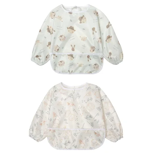 Little Dimsum Paquete de 2 baberos de alimentación de manga completa, delantal impermeable para bebés y niños pequeños, protección alimentaria,